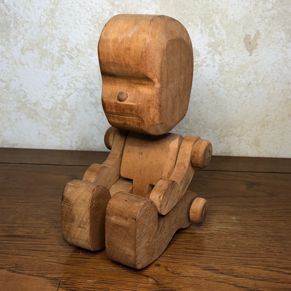 Creepy jointed carved wooden 9” doll